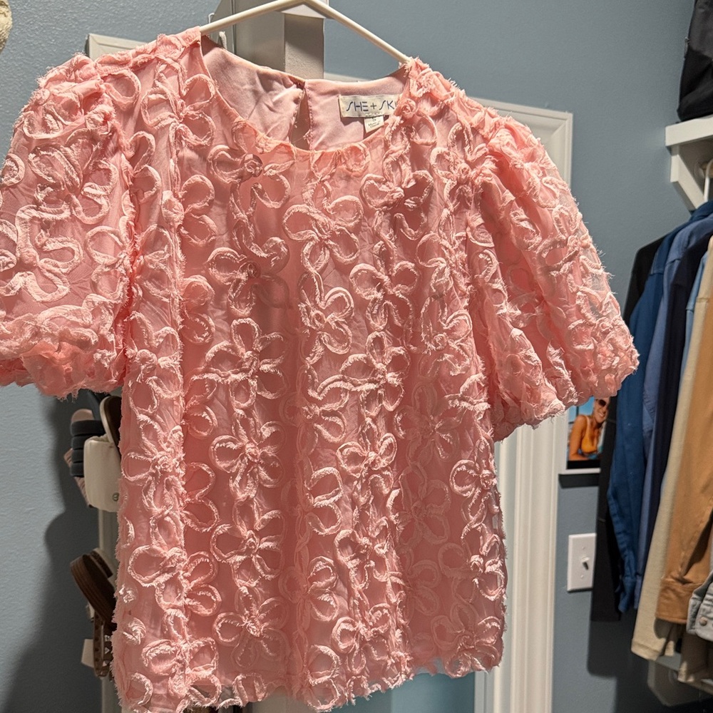 She + Sky Light Pink Floral Lace Blouse